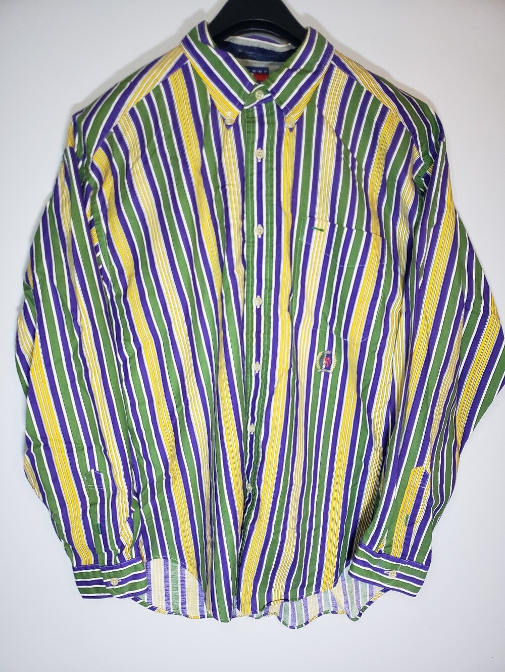 Tommy Hilfiger Shirt Mens Large L Green Purple Yellow Striped Button Up Cotton